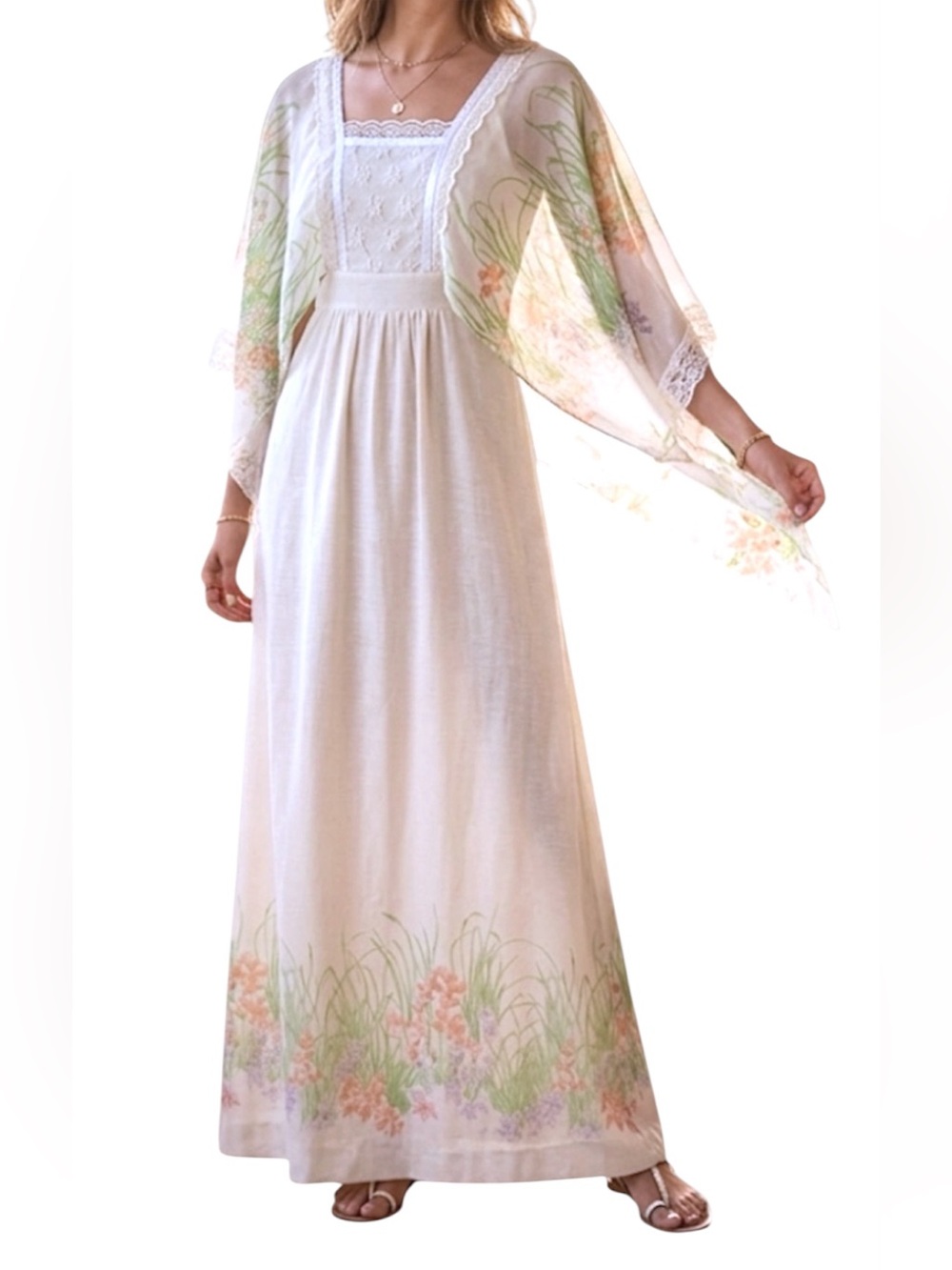 Tere Tereba for Young Reflections Ivory Floral Hippy Boho Maxi Dress Size XS/S